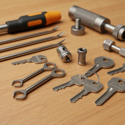 Locksmith training materials on a table