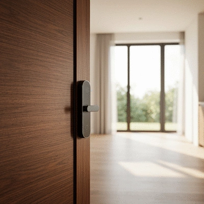 Modern smart lock on a wooden door, symbolizing security enhancement