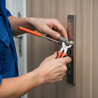 Locksmith working on a door lock with tools, showing emergency service