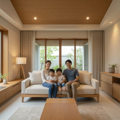 Family feeling safe and secure in their home, modern and cozy living room, no text, no words, no typography, clean image