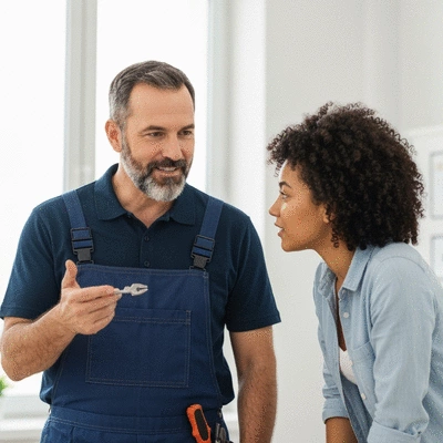 Trusted locksmith consulting with a homeowner about security options, friendly and professional interaction