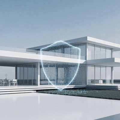 Conceptual image of a secure home with a glowing shield over it