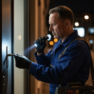 Emergency locksmith working on a door lock at night with a flashlight, professional and urgent scene