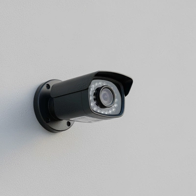 Modern security camera mounted on a wall, clear and focused lens, no text, no words, no typography, clean image