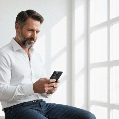 Person looking at their phone with a calm expression, having a locksmith's number saved